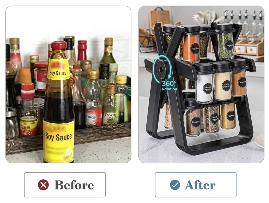 Premium 360° Spice Rack | منظم بهارات فاخر مع 16 برطمان زجاج