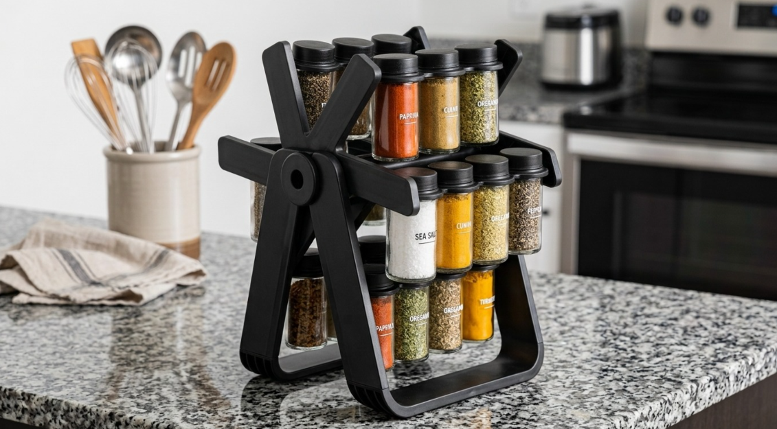 Premium 360° Spice Rack | منظم بهارات فاخر مع 16 برطمان زجاج