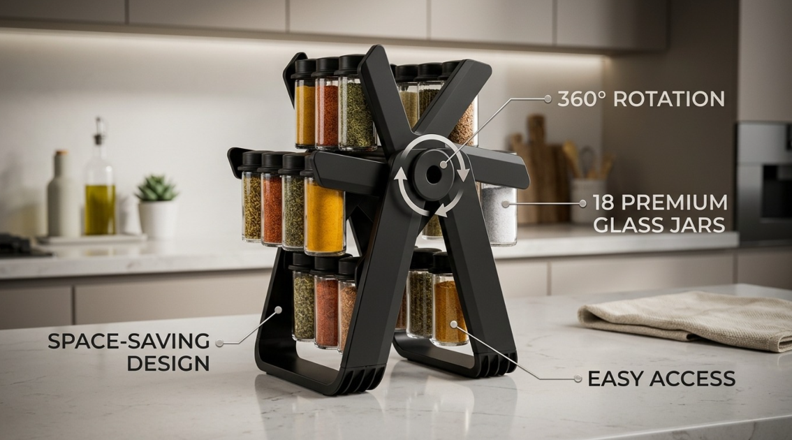 Premium 360° Spice Rack | منظم بهارات فاخر مع 16 برطمان زجاج
