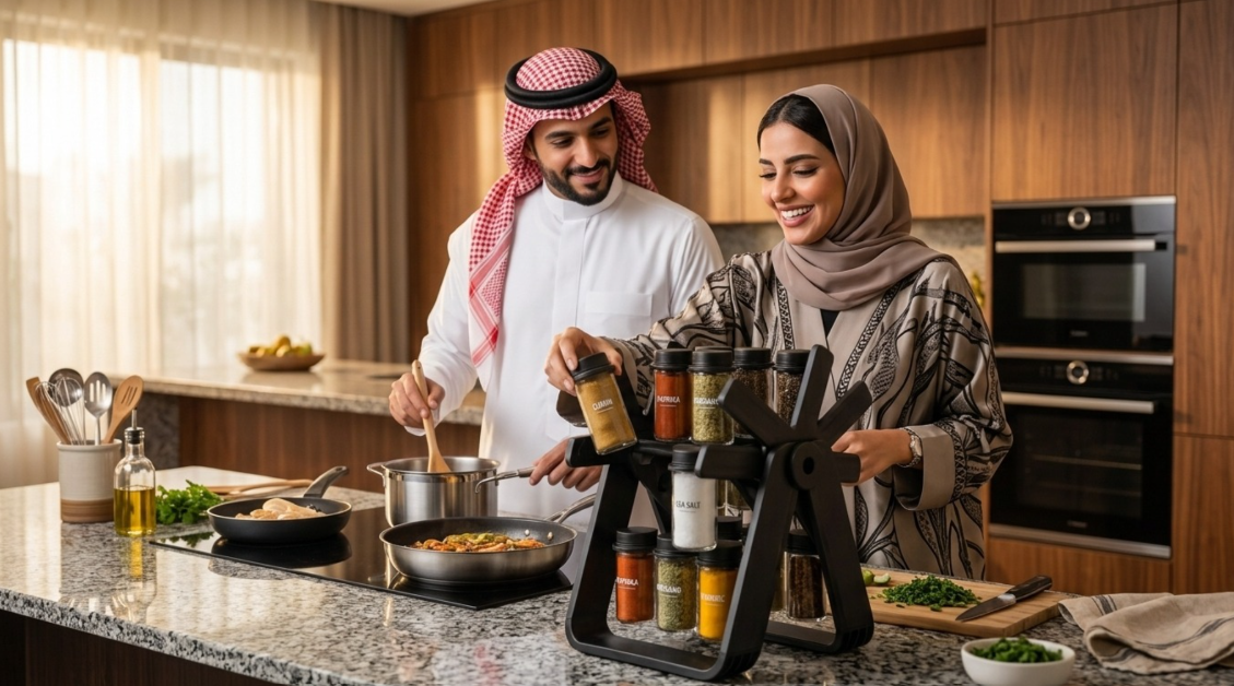 Premium 360° Spice Rack | منظم بهارات فاخر مع 16 برطمان زجاج